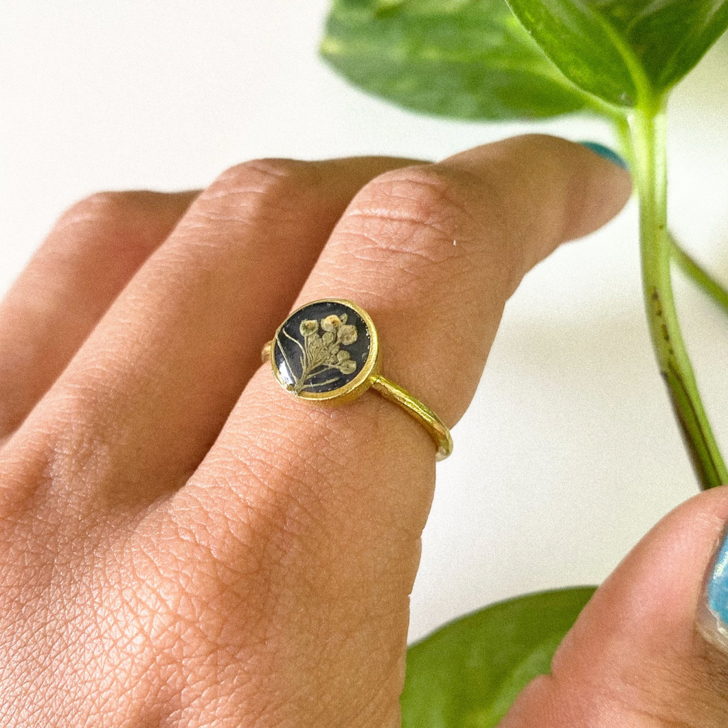 Growing Flowers in Black Adjustable Ring